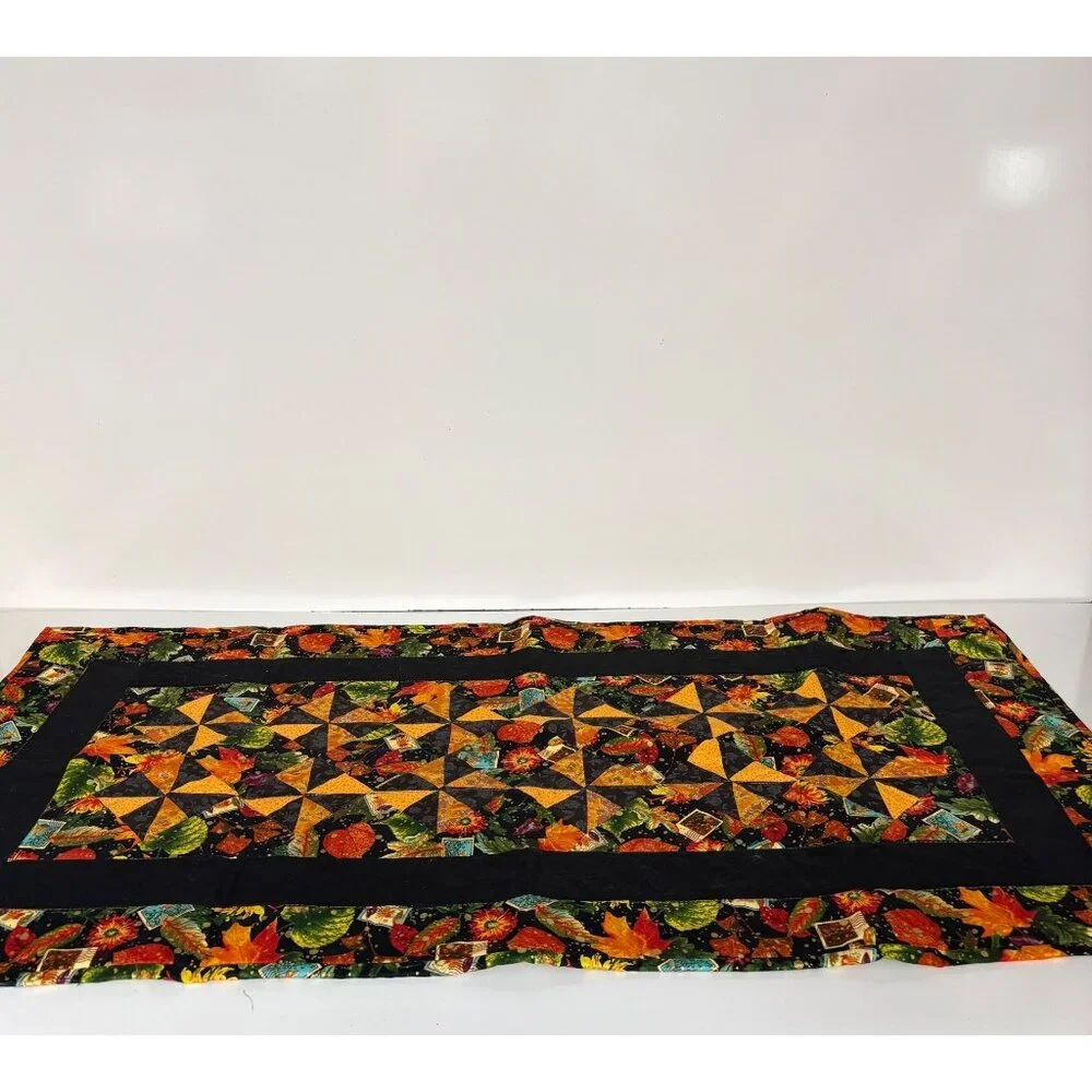 Handmade Autumn Quilted Table Runner Postage Stamp Leaves Black Border 40x20in